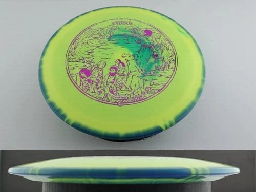 Yellow and blue disc golf disc with graphic.